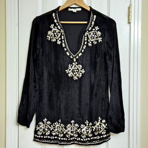 Boston Proper Rayon Terry Cloth Blouse Metal Embellishments Lagenlook Medium